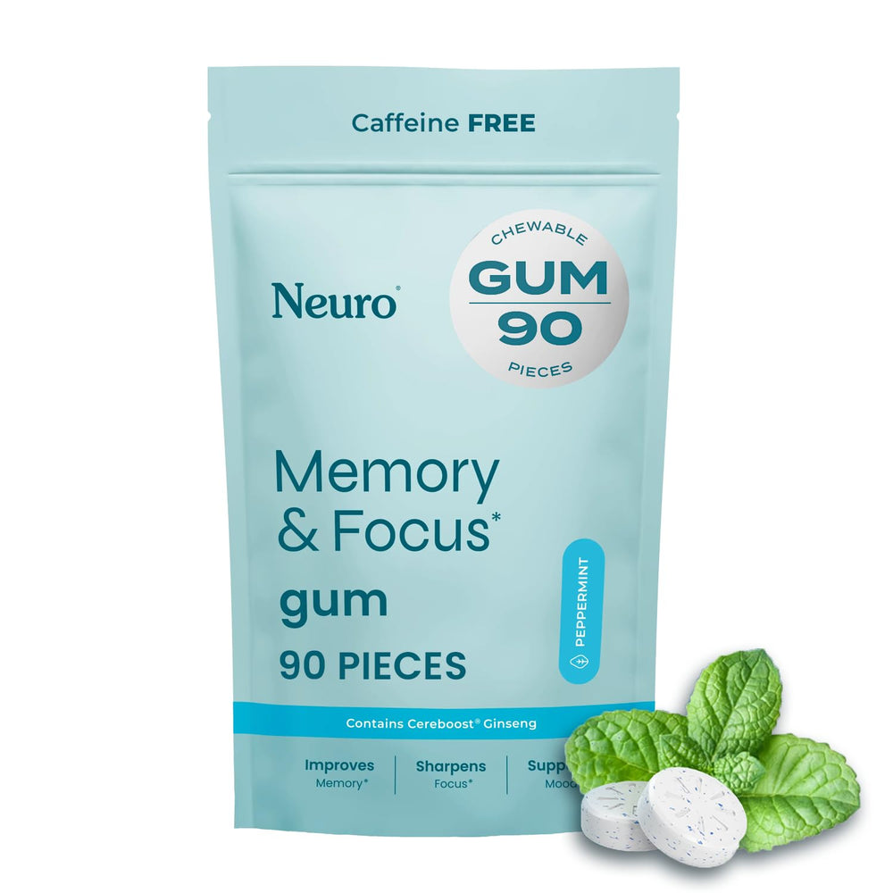 Neuro Memory & Focus Gum packaging highlighting caffeine-free brain support for daily use