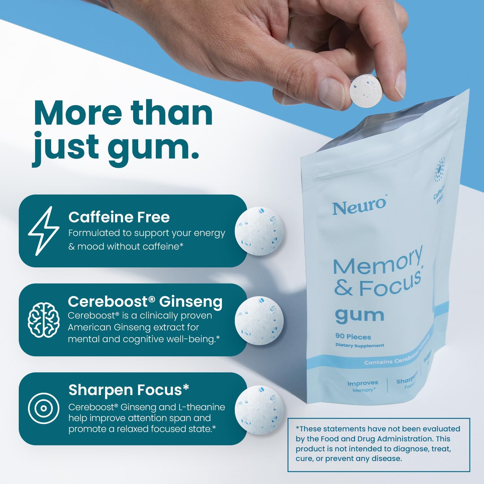 A single Neuro Memory & Focus Gum piece ready for quick mental clarity