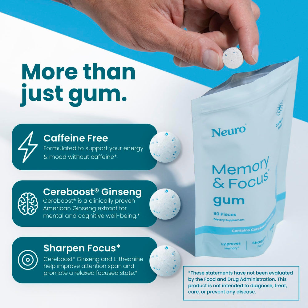 A single Neuro Memory & Focus Gum piece ready for quick mental clarity