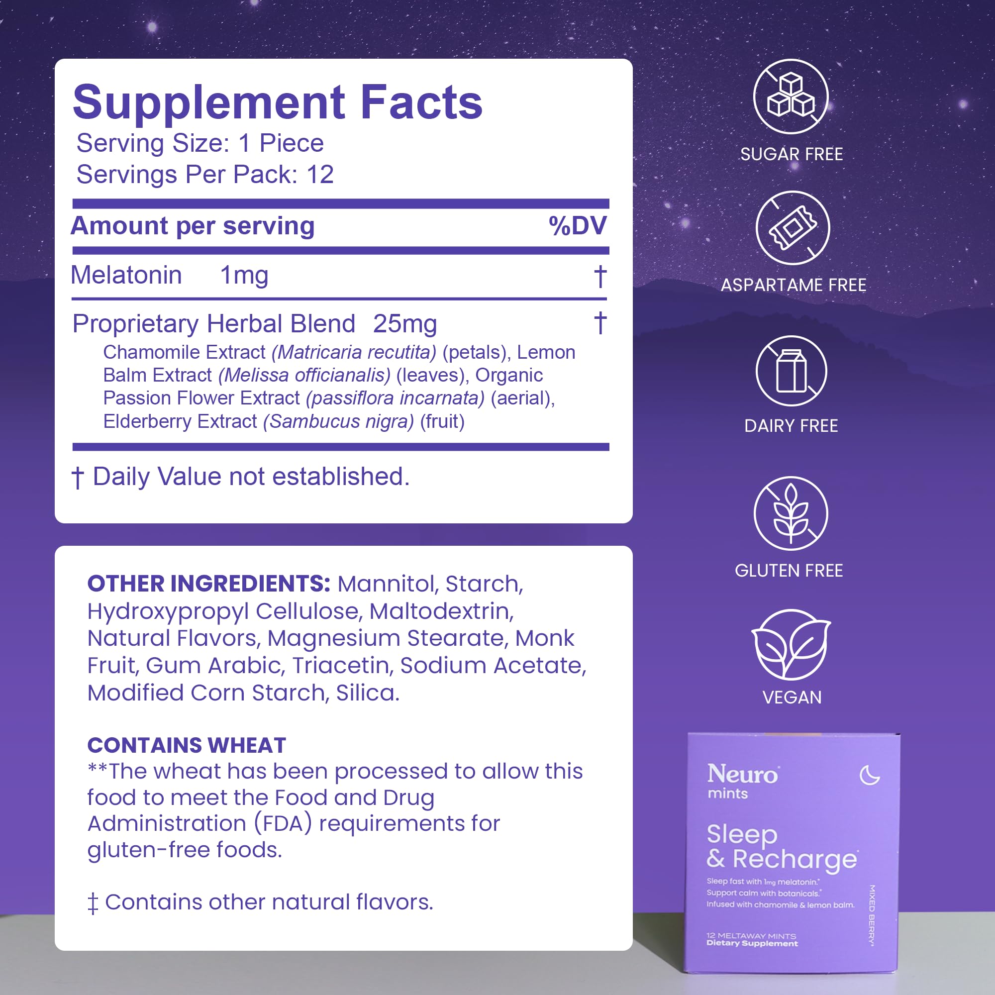 Neuro Sleep Meltaway Mints label shows 1 mg melatonin and elderberry.