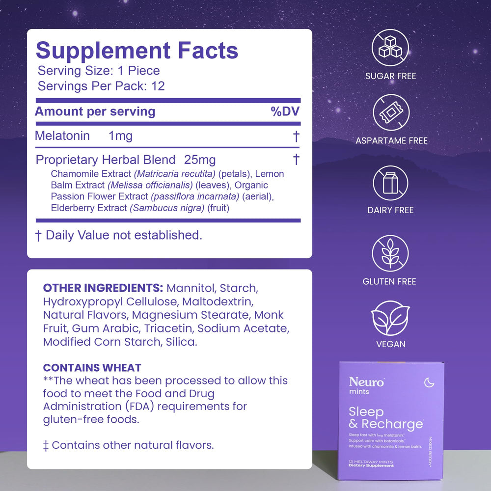 Neuro Sleep Meltaway Mints label shows 1 mg melatonin and elderberry.