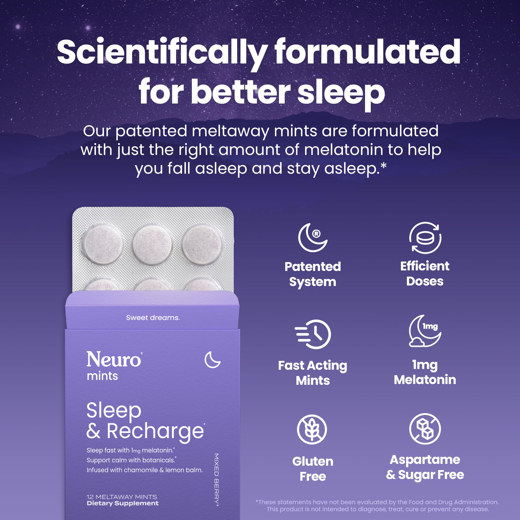 Close-up of Neuro Sleep Meltaway Mints dissolving in the mouth for fast calm.