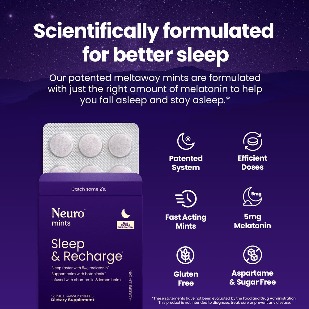 Neuro Sleep Meltaway Mints dissolving on the tongue illustrating fast-acting convenience.