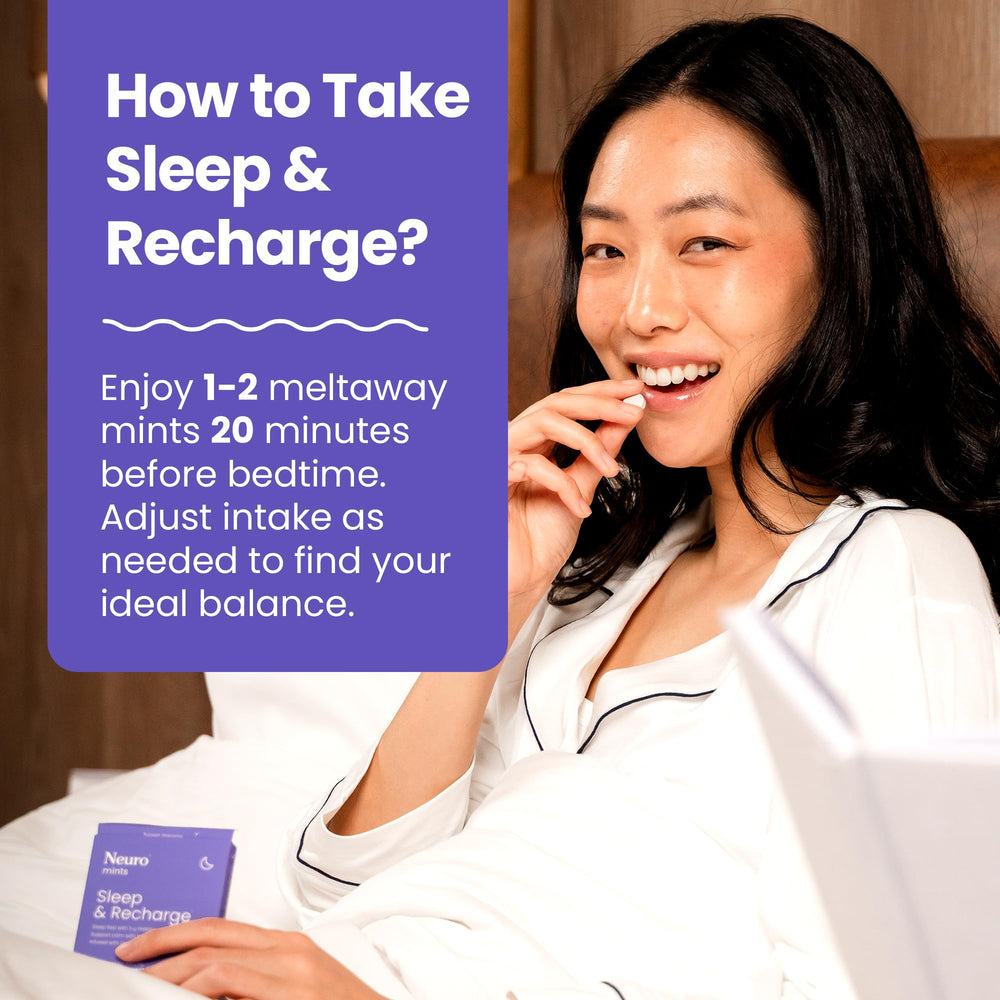 Neuro Sleep Meltaway Mints ingredients label highlighting melatonin and calming botanicals.