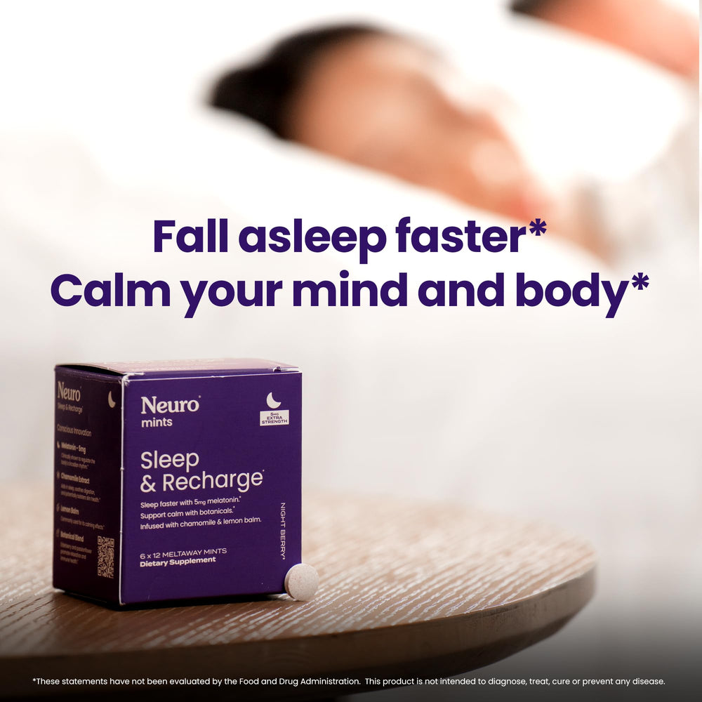 Closeup of Neuro Sleep Meltaway Mints label emphasizing clean ingredients and flavor.