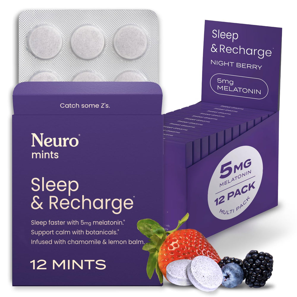 Neuro Sleep Meltaway Mints Night Berry packaging shown for travel-ready nightly support.