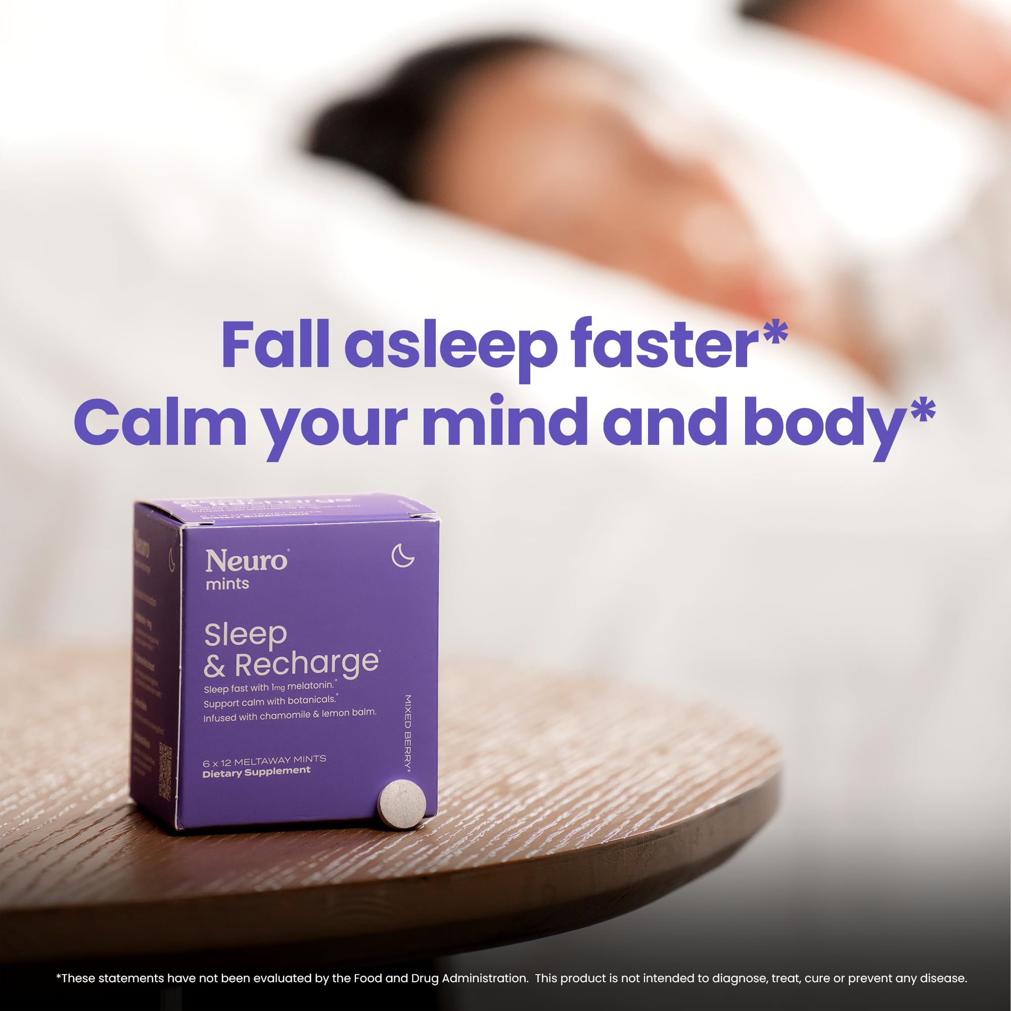 Neuro Sleep Meltaway Mints on tongue during a calm wind-down.