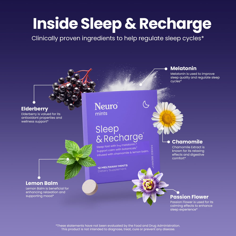 Travel-ready Neuro Sleep Meltaway Mints beside a passport for nights away.