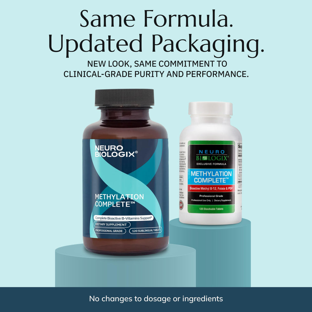 Neurobiologix Methylation Complete tablets closeup shows active methylfolate and B12.