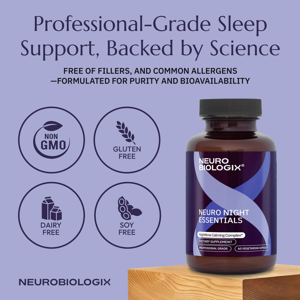 Neurobiologix Neuro Night Essentials capsules demonstrate vegetarian, allergen-friendly formula.