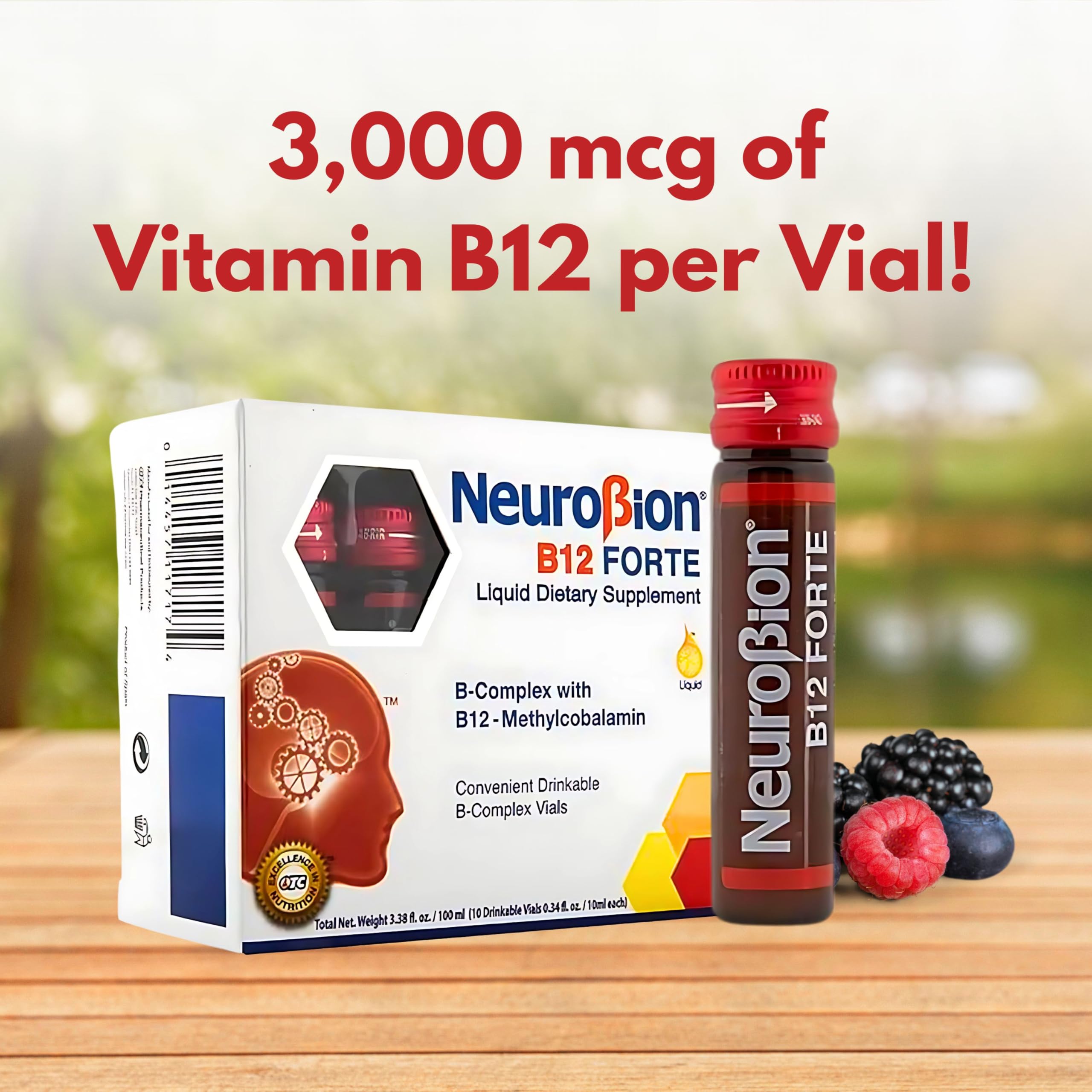 Neurobion B12 Forte packaging box highlighting compact travel-ready design.
