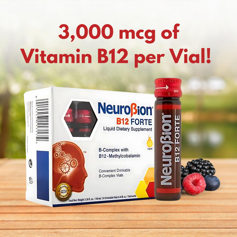 Neurobion B12 Forte packaging box highlighting compact travel-ready design.