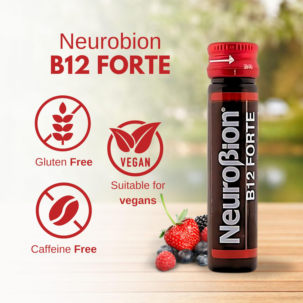 Neurobion B12 Forte vials close-up showing liquid vitamin format.