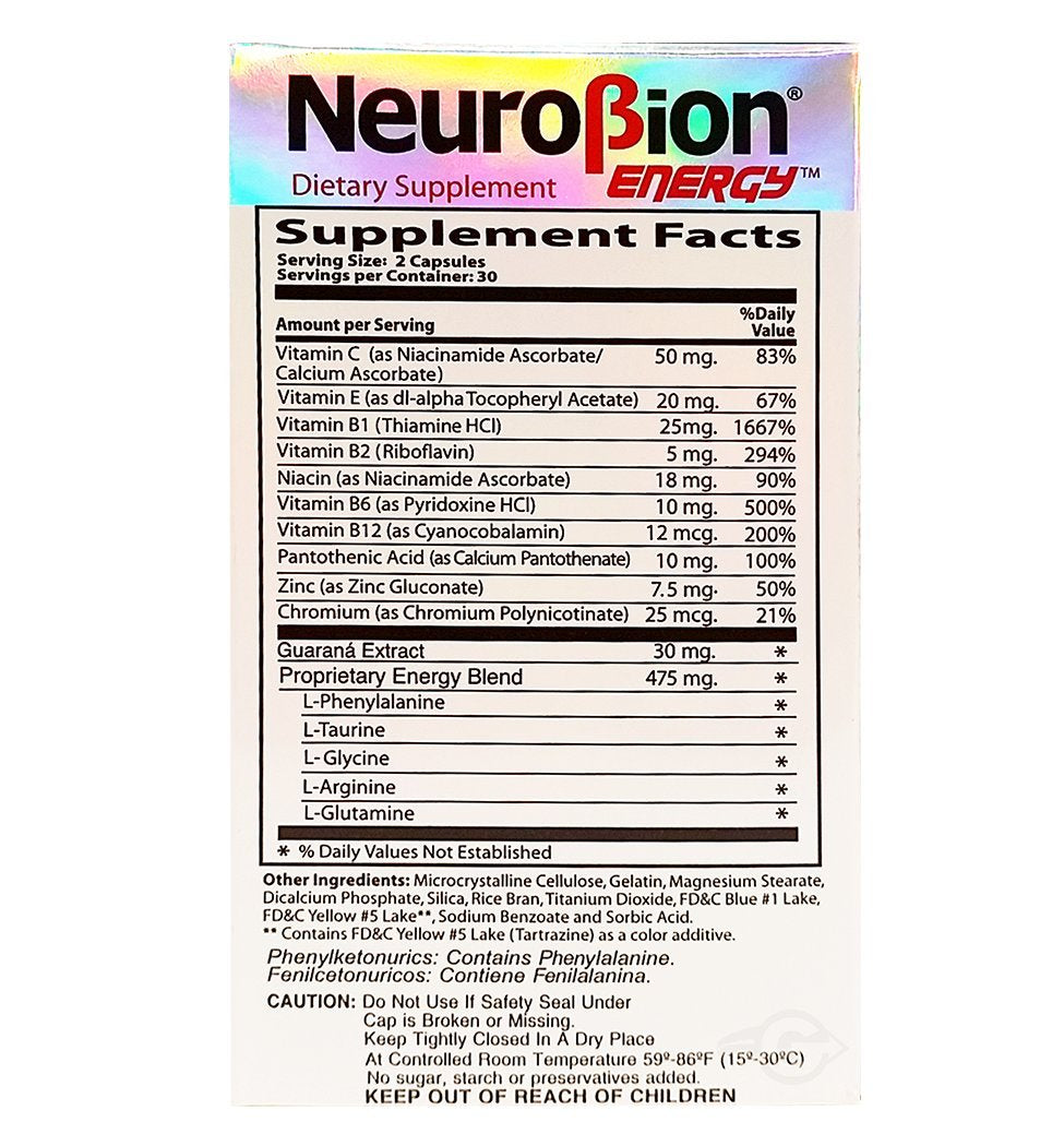 Neurobion Energy Amino Acids bottle back view provides dosage and key ingredients