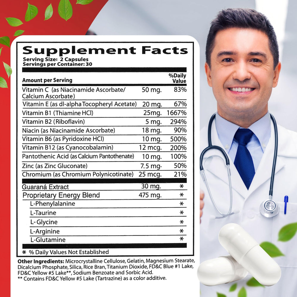Neurobion Energy bottle label highlights B vitamins for energy support.