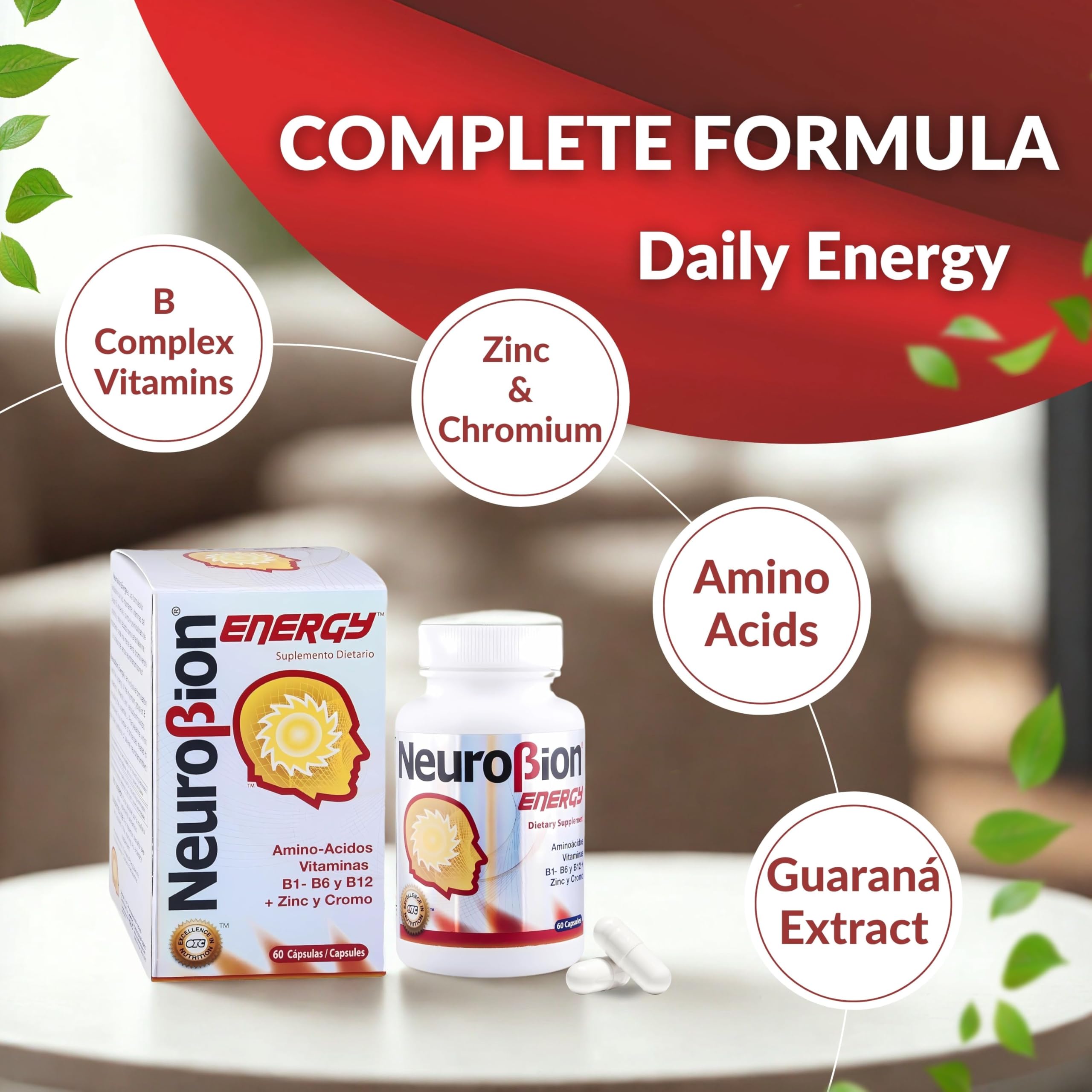 Neurobion Energy capsules laid in a row suggest easy daily use.