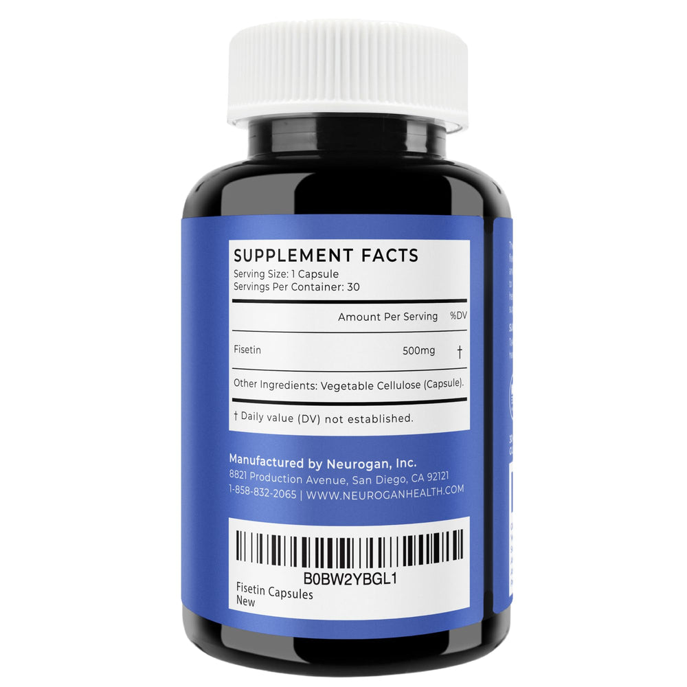 Close-up of Neurogan Fisetin capsules in a vegan formula.