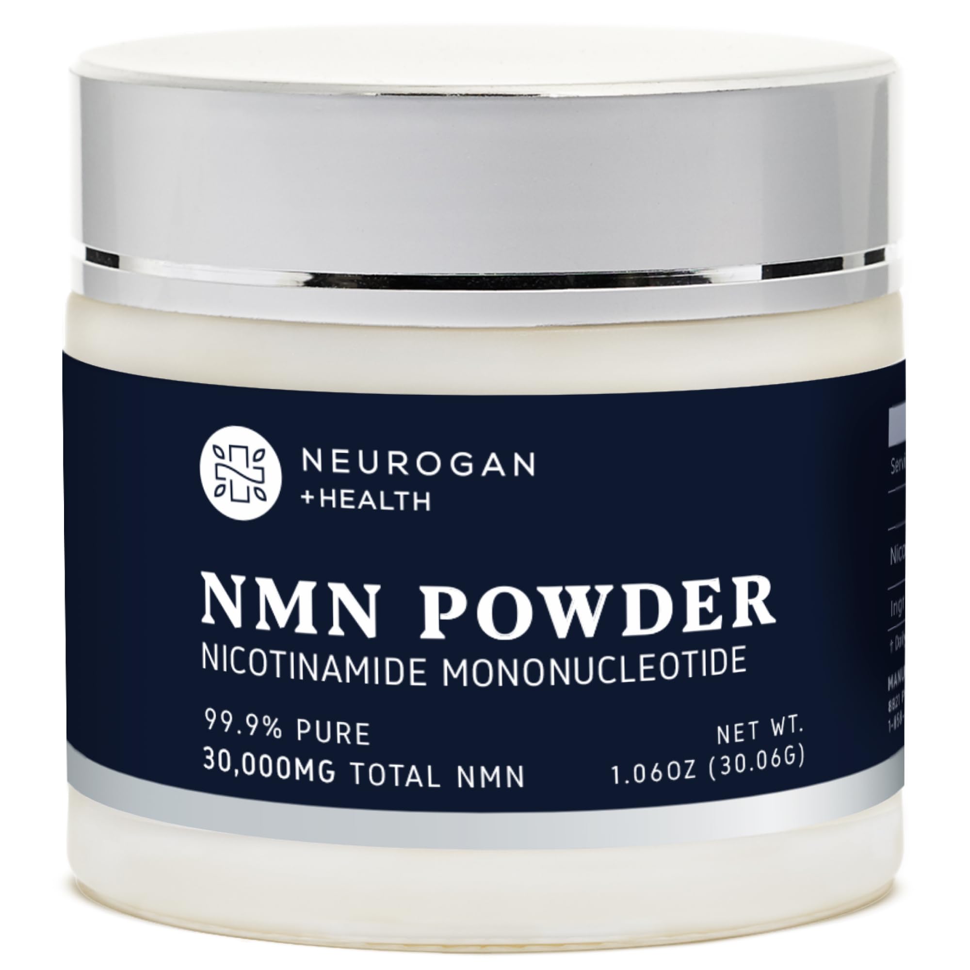 Neurogan NMN powder jar highlighting 99.9% purity for daily wellness.