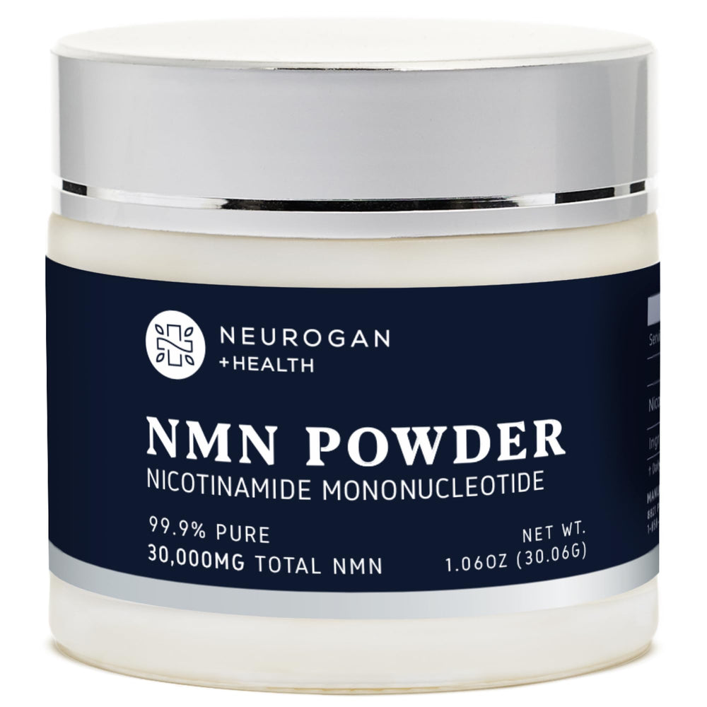 Neurogan NMN powder jar highlighting 99.9% purity for daily wellness.