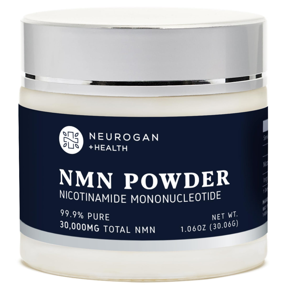 Neurogan NMN powder jar highlighting 99.9% purity for daily wellness.