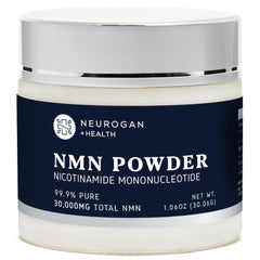 Neurogan NMN powder jar highlighting 99.9% purity for daily wellness.