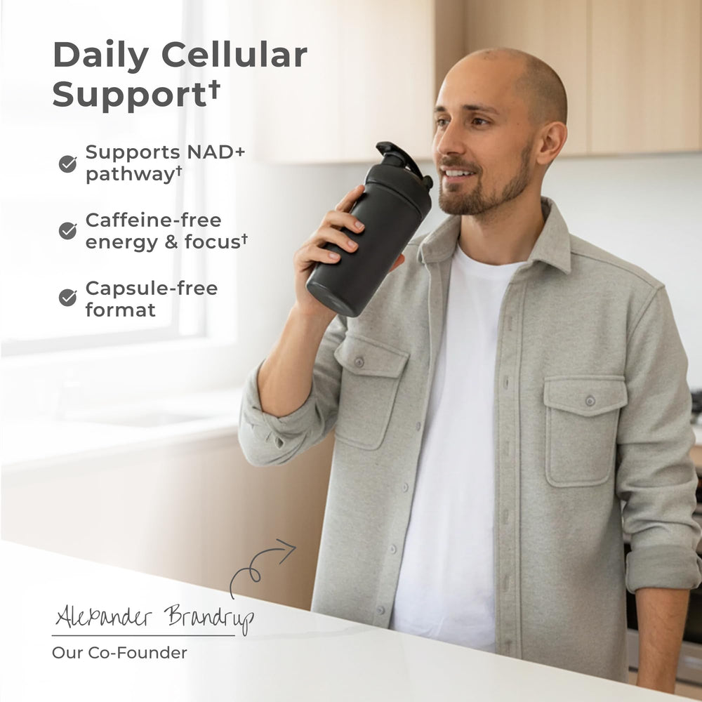 Neurogan NMN powder swirled into a smoothie for convenient daily use.