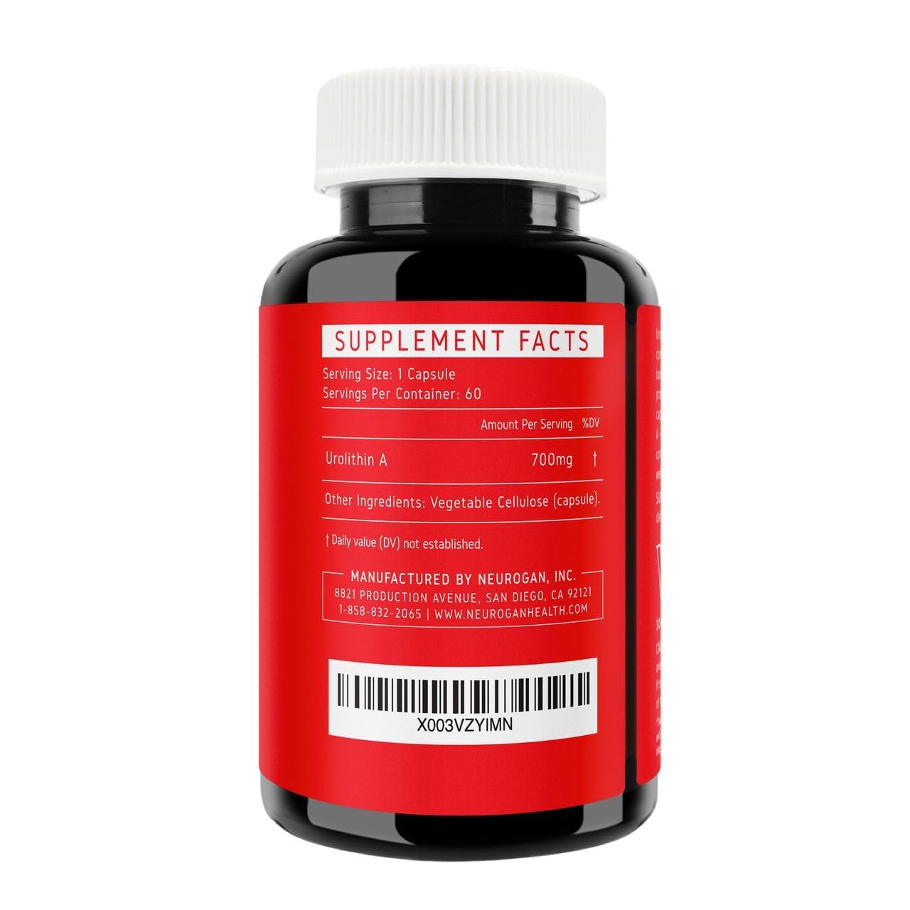 Neurogan Urolithin A bottle back highlights ingredients and certifications for trust.