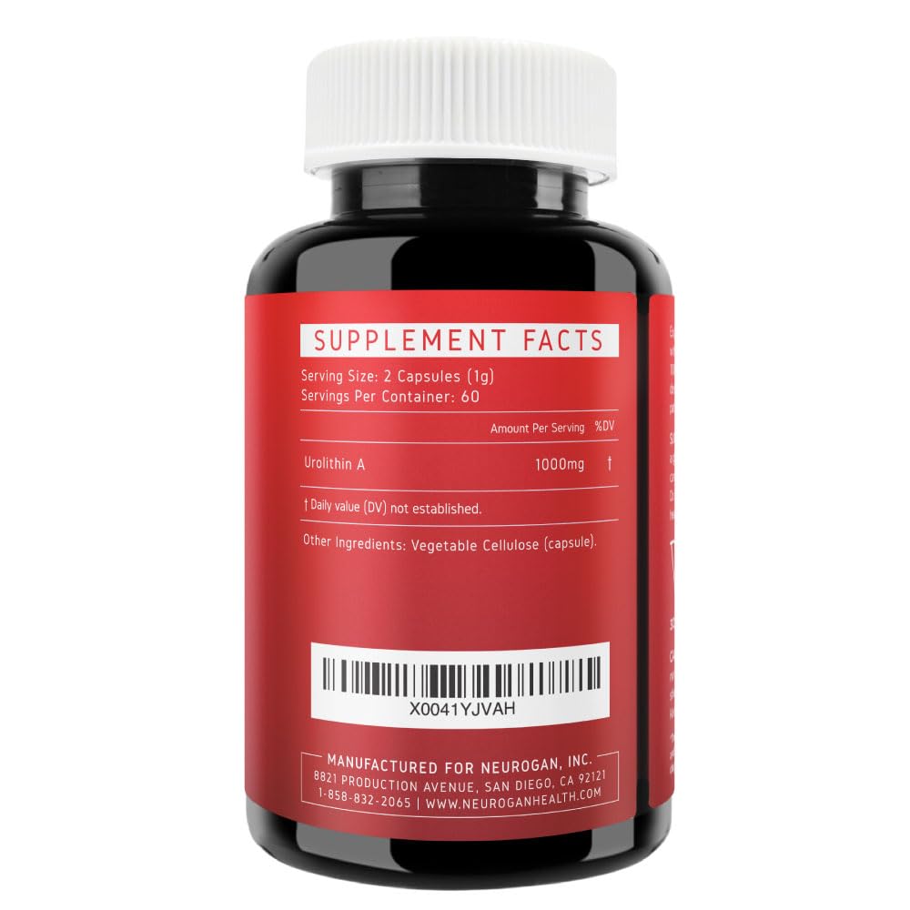 Label close-up of Neurogan Urolithin A Pro capsules showing purity.