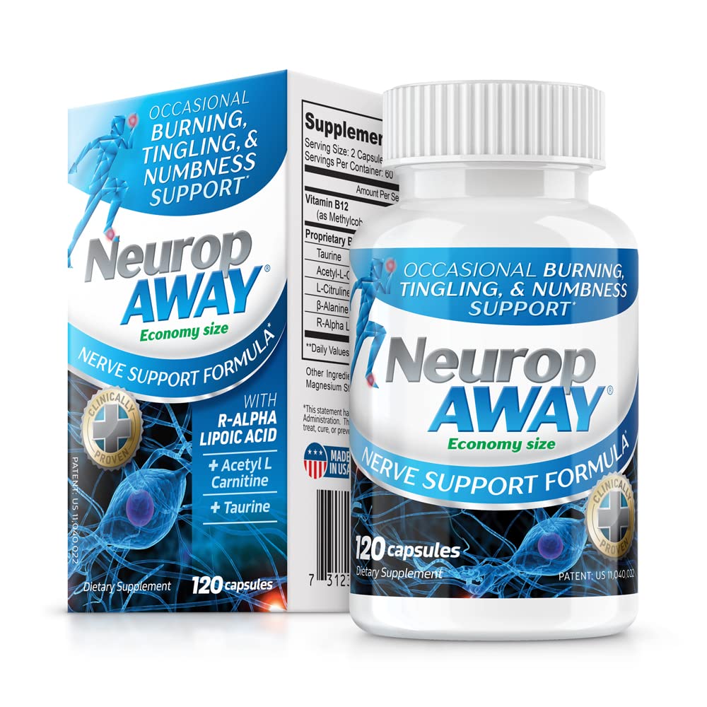 NeuropAWAY bottle on wooden table with water, convenient for daily nerve support.
