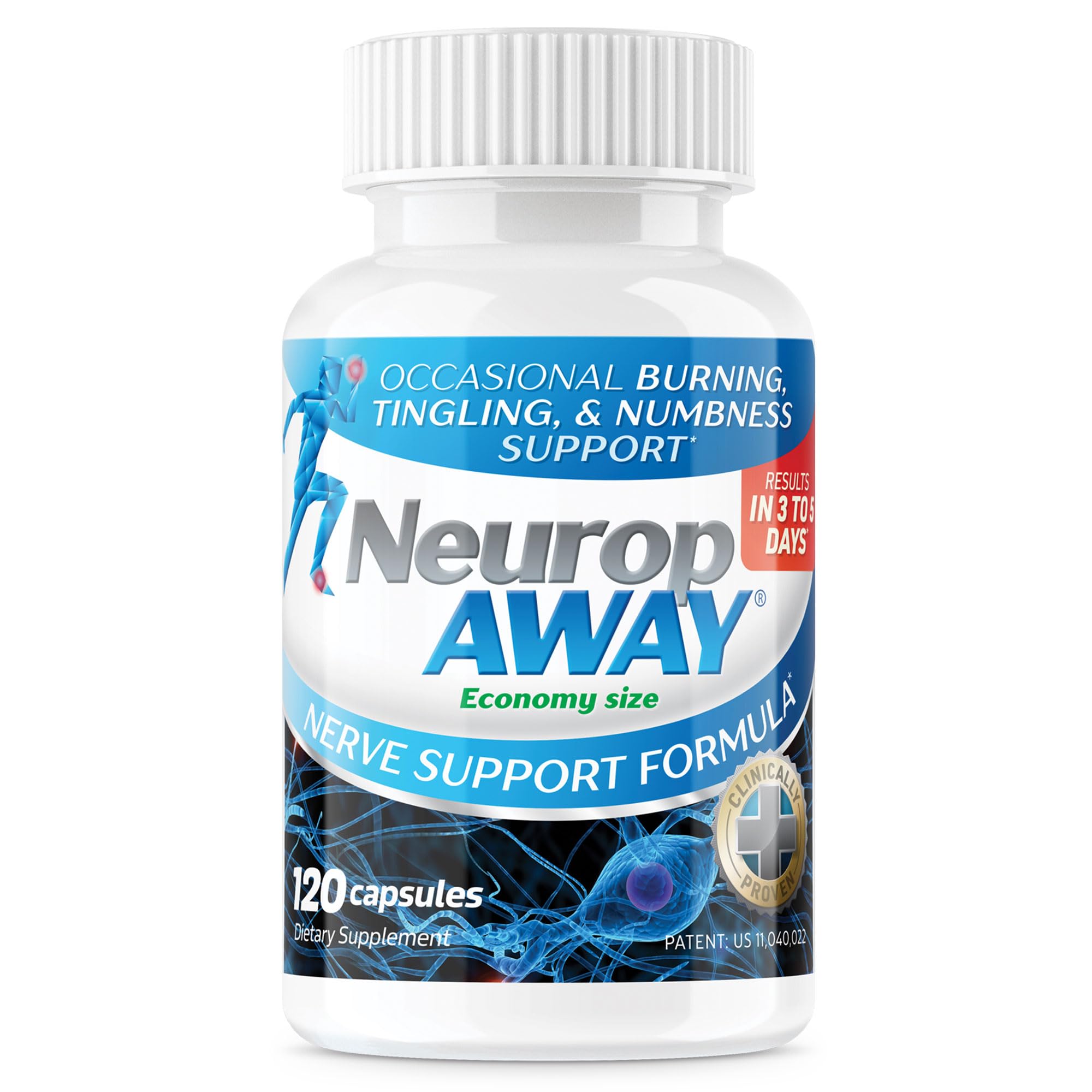 NeuropAWAY nerve support capsules close-up showing daily use potential.
