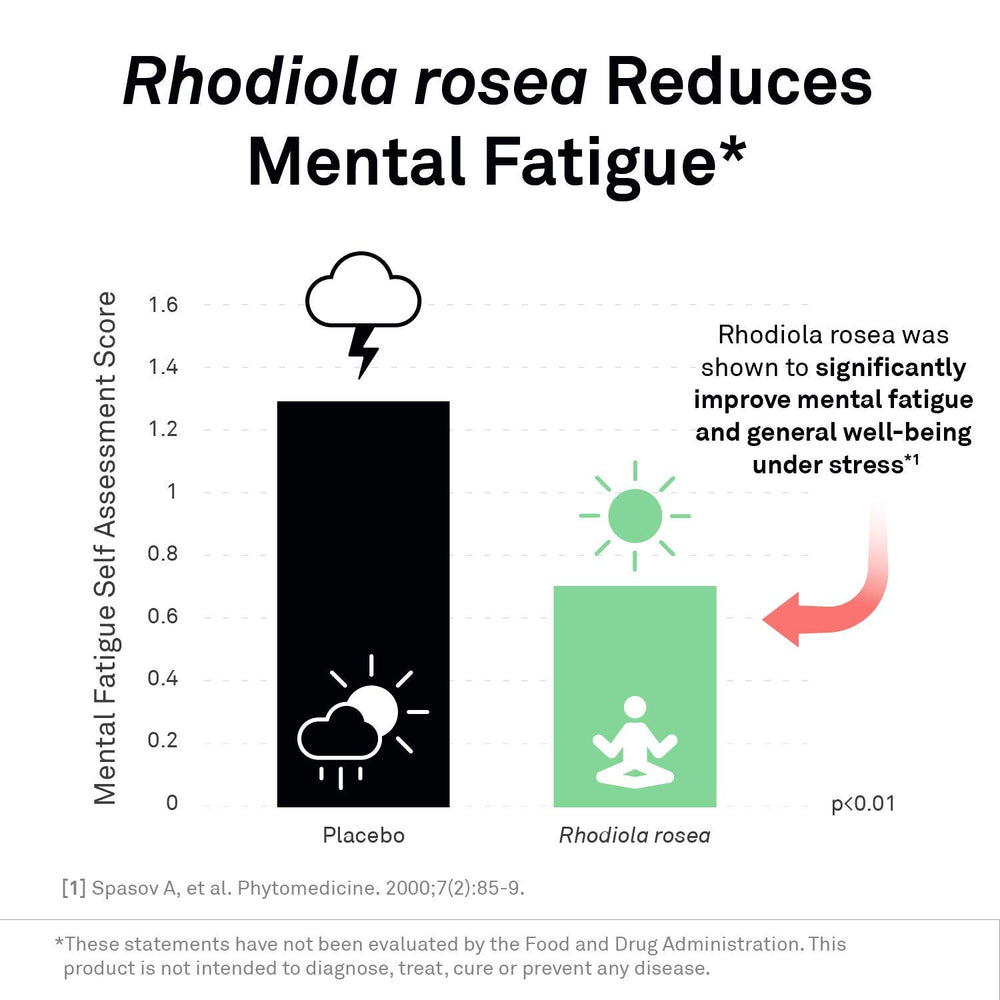 Rhodiola rosea imagery indicating mood and focus support in AdreCor.