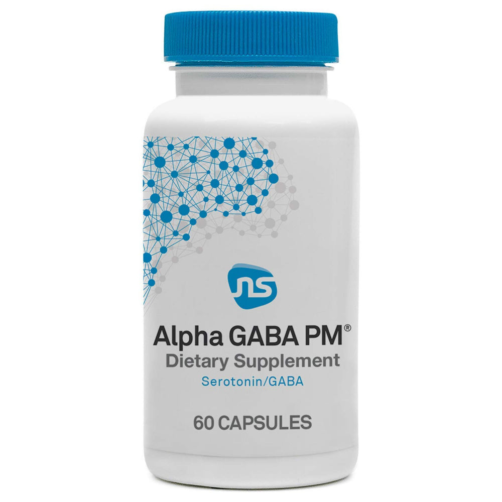NeuroScience GABA PM bottle front at night promotes calm and restful slumber.