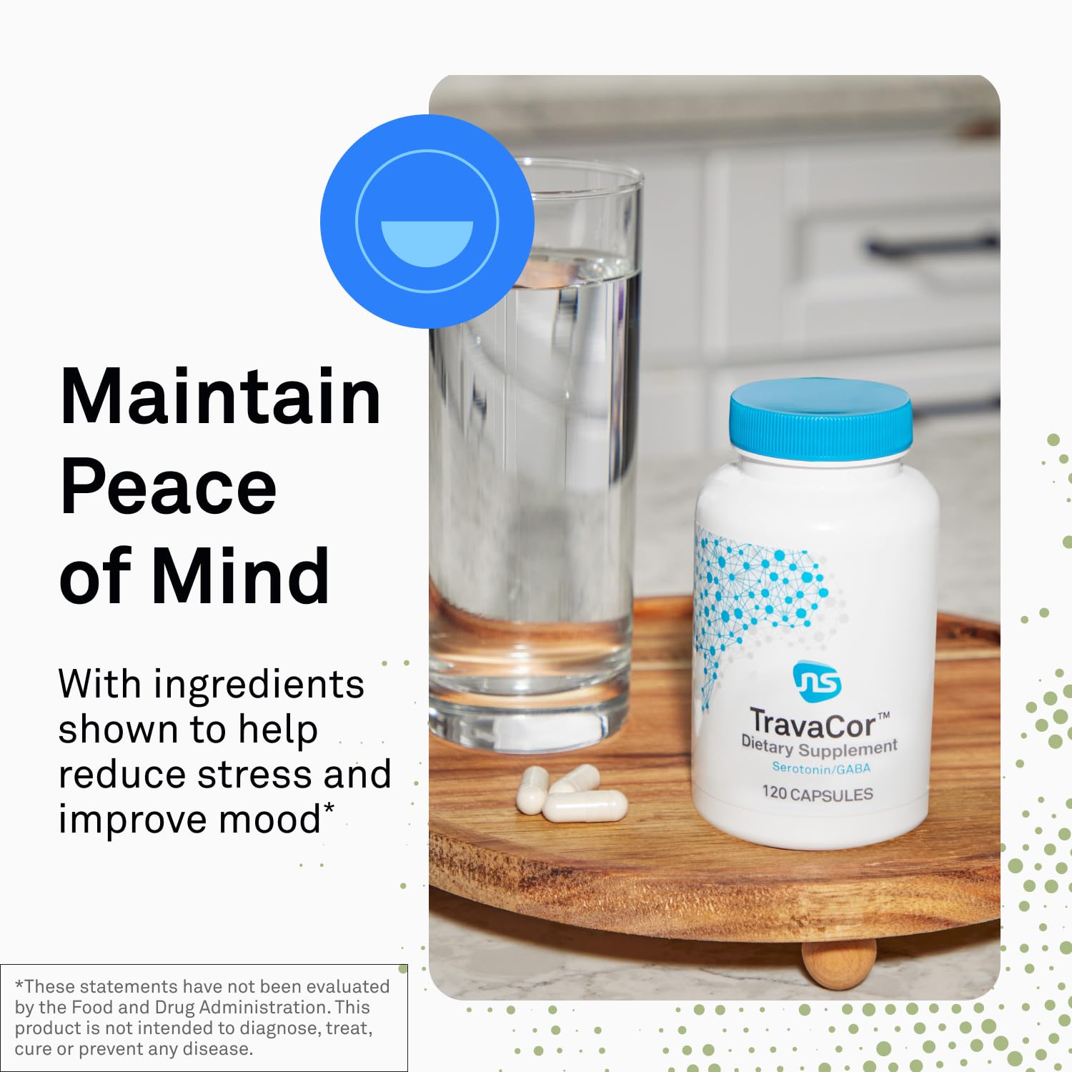 NeuroScience TravaCor capsules closeup highlighting texture for daily calm