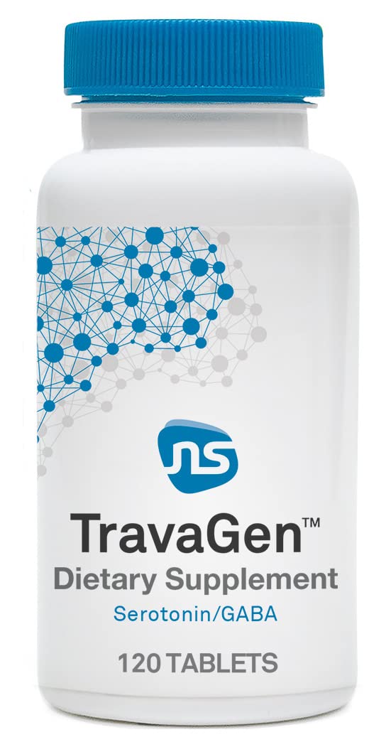 NeuroScience TravaGen bottle with capsules for mood support on a desk.