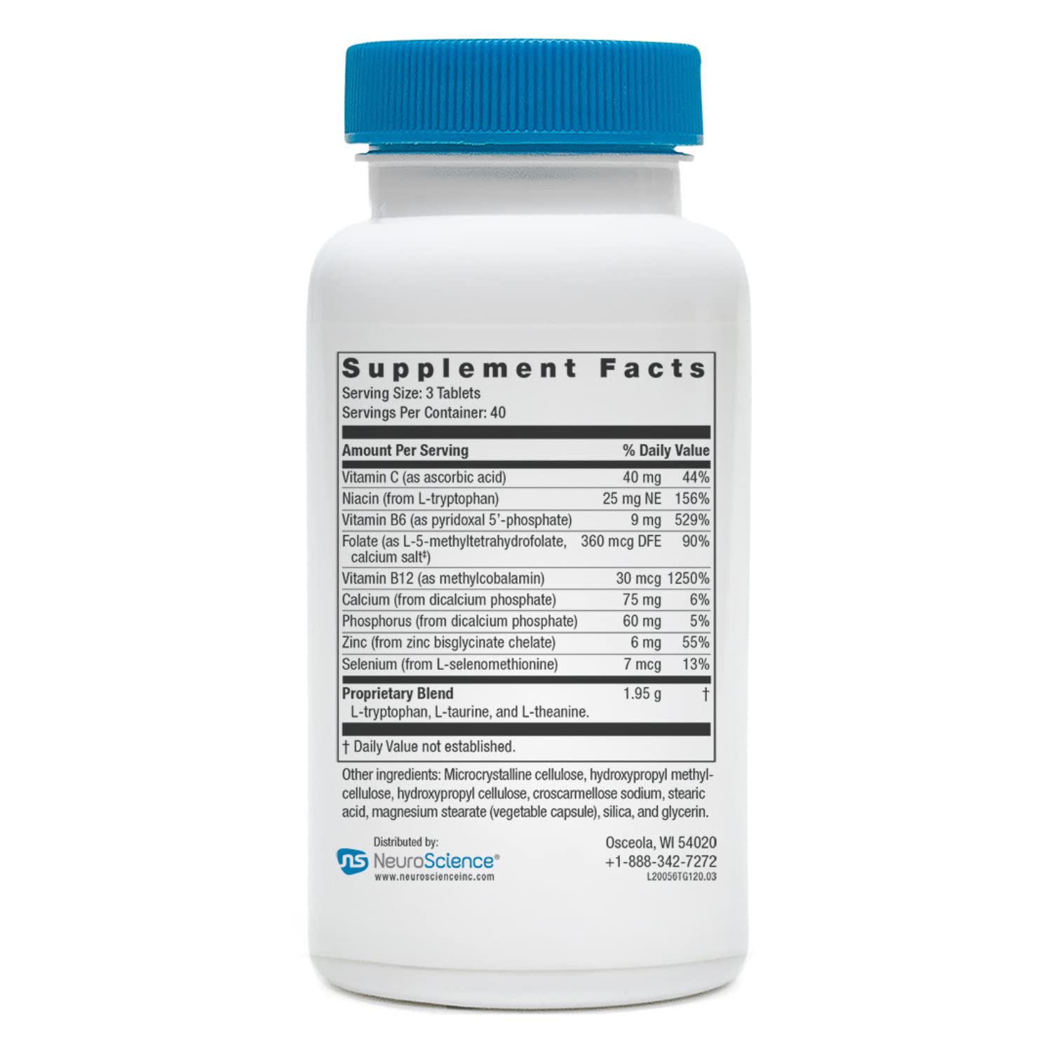 NeuroScience TravaGen bottle shows ingredients list promoting mood balance.