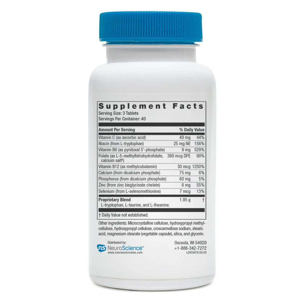 NeuroScience TravaGen bottle shows ingredients list promoting mood balance.