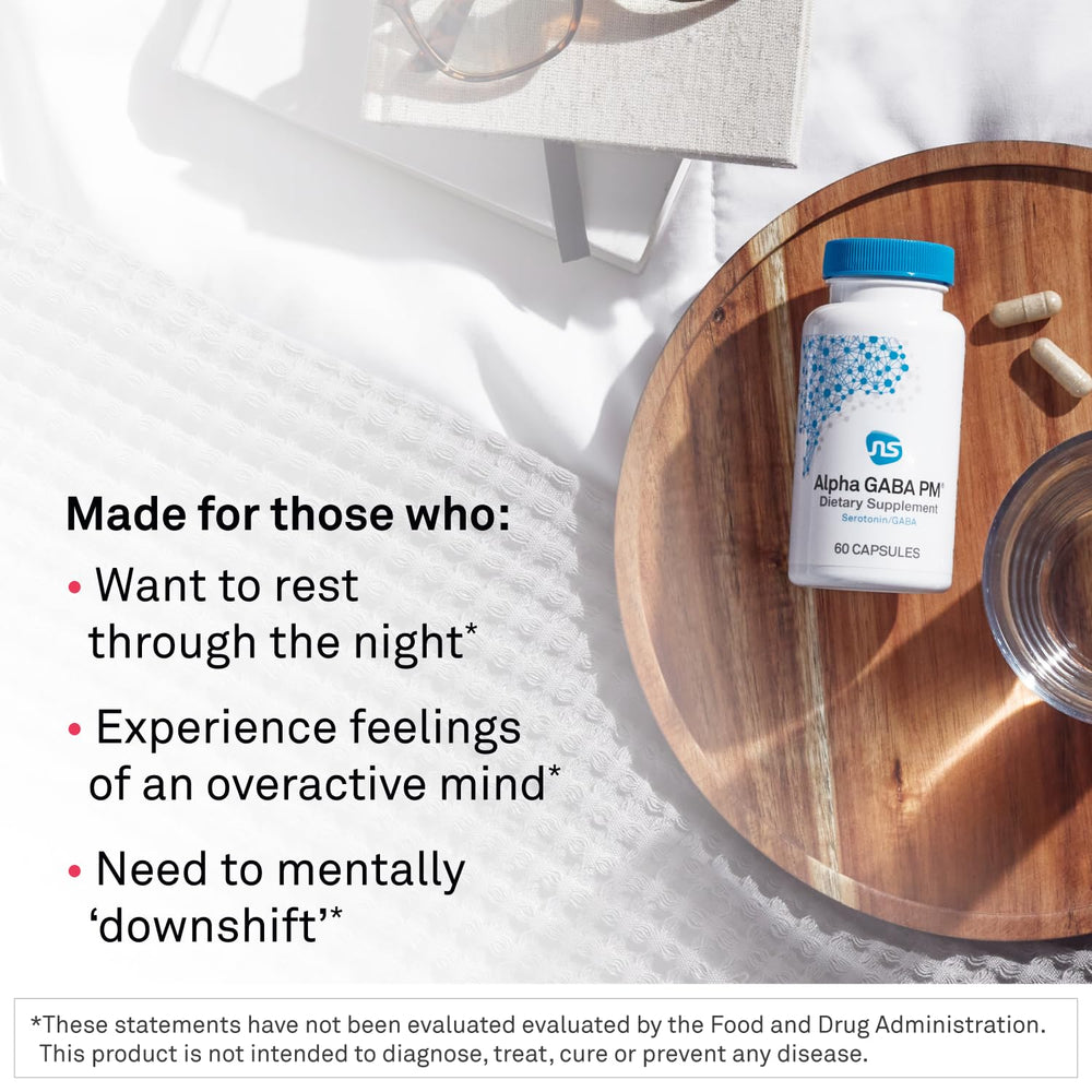 NeuroScience GABA PM micro-encapsulated valerian root visual suggests soothing night-time calm.