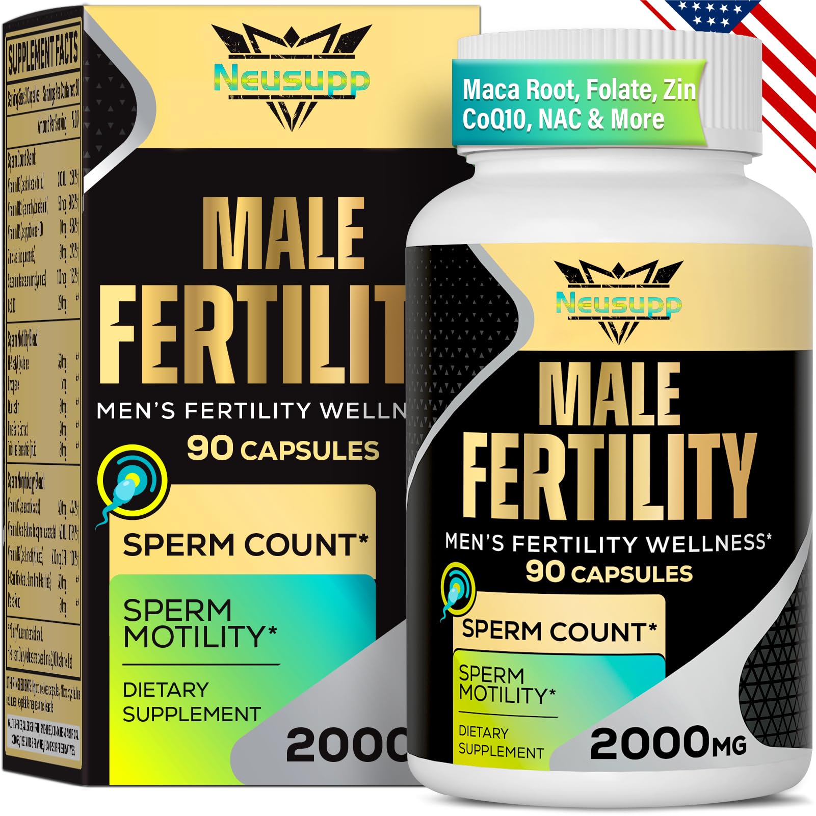 Neusupp Fertility Supplements bottle on table supporting male vitality