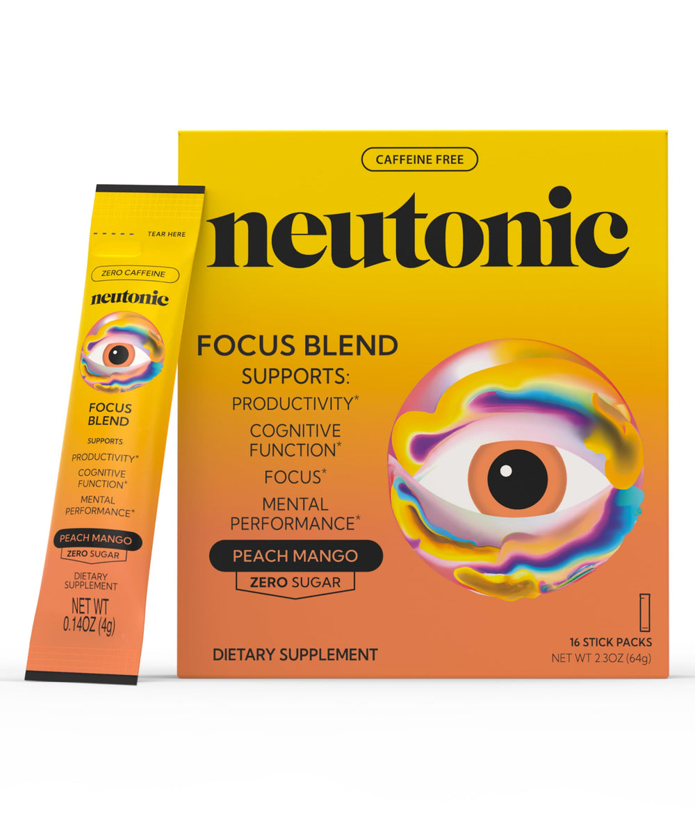 Neutonic bottle front view showing peach mango flavor and caffeine-free focus
