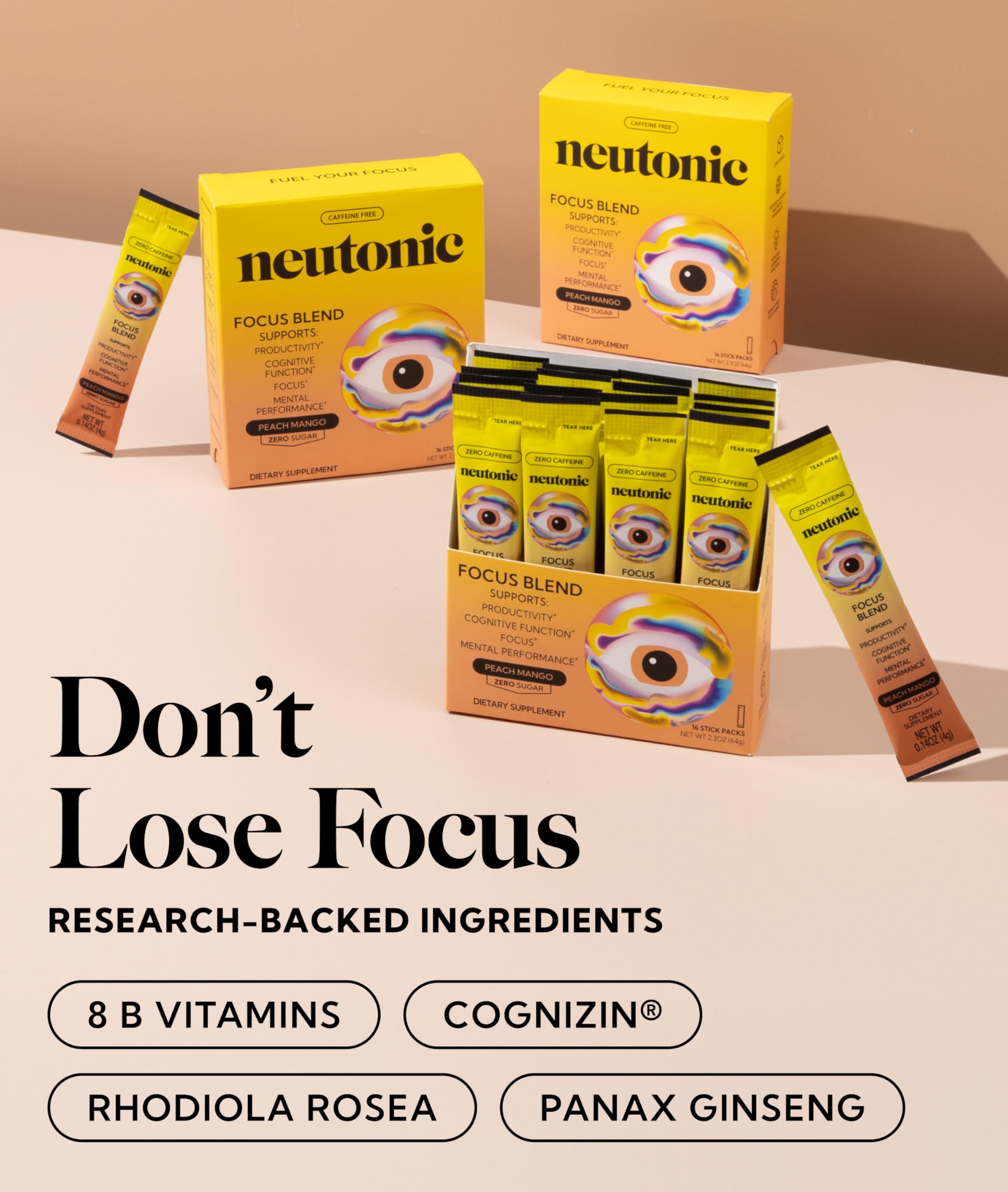 Neutonic stick pack close-up highlighting convenient, portable focus on the go