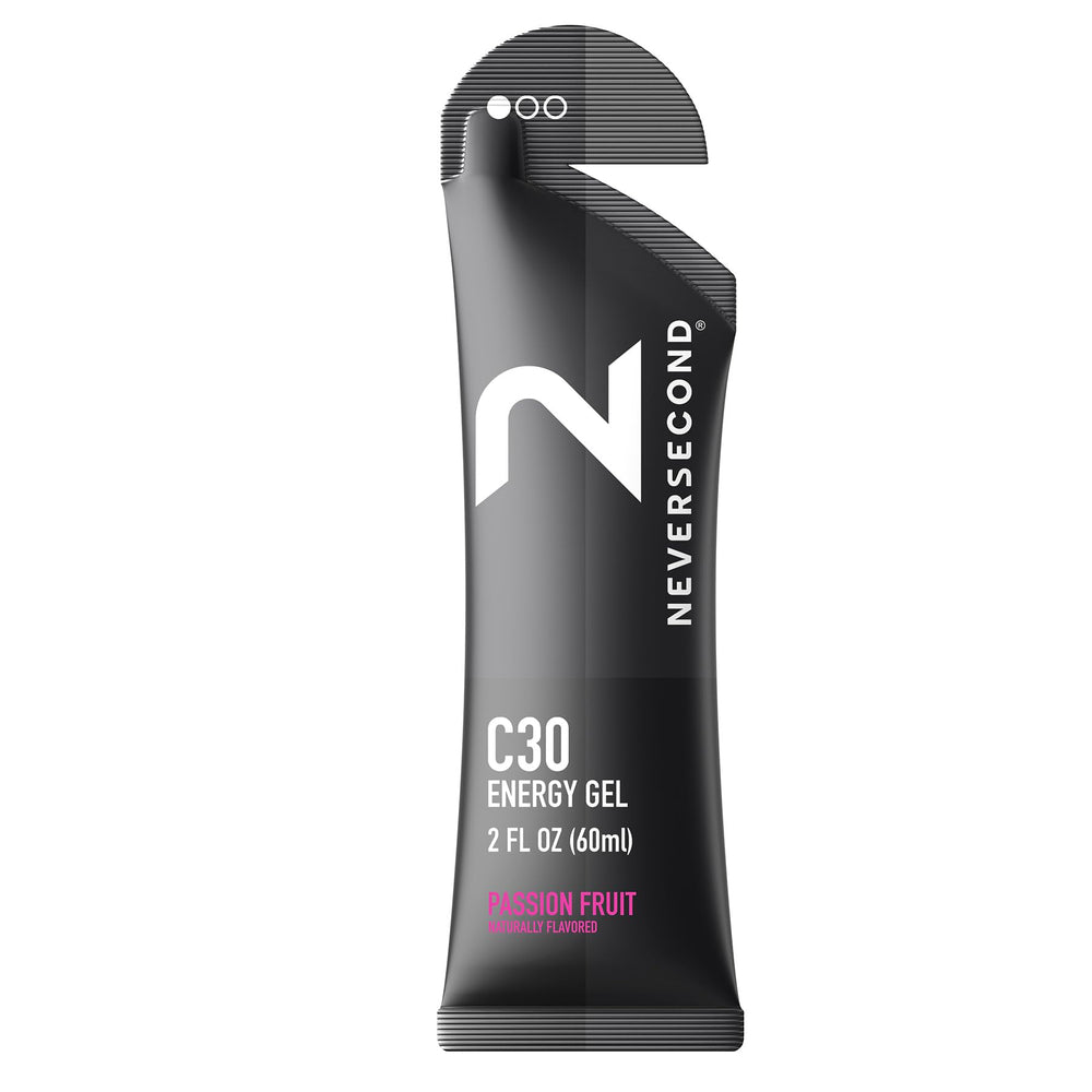 Neversecond C30 Energy Gel Passion Fruit pack, ready for on-the-go endurance fueling.