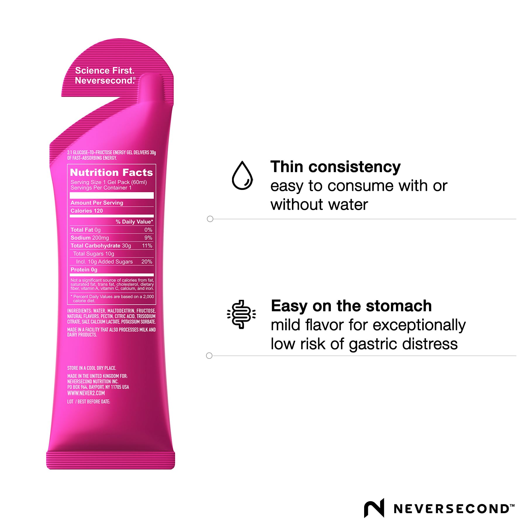 Neversecond C30 Energy Gel packet in a running belt, convenient access.