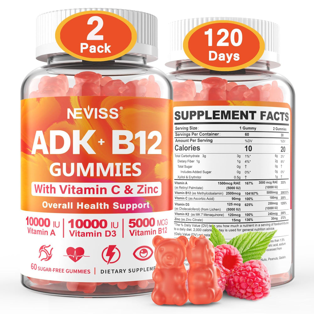 NEVISS ADK+B12 raspberry gummies pack for daily wellness.