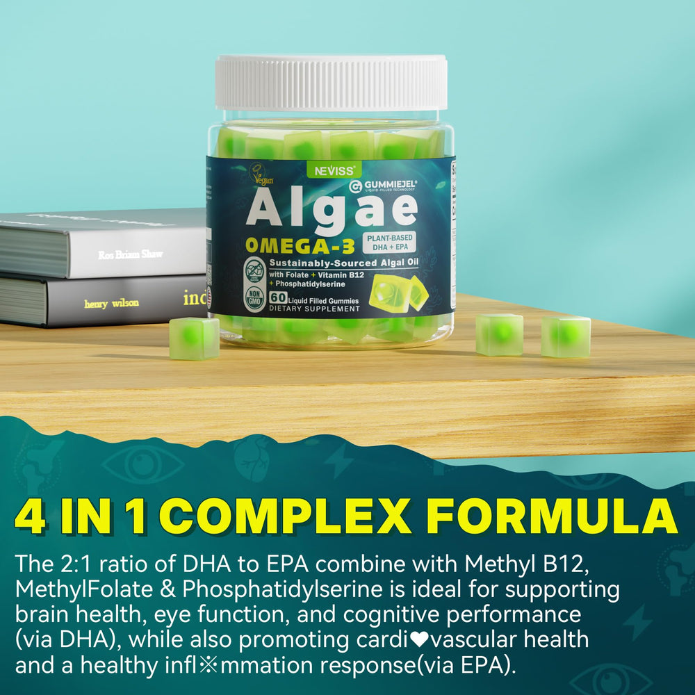 NEVISS Algae Omega-3 gummies adult-friendly-guide illustrates an easy daily routine.