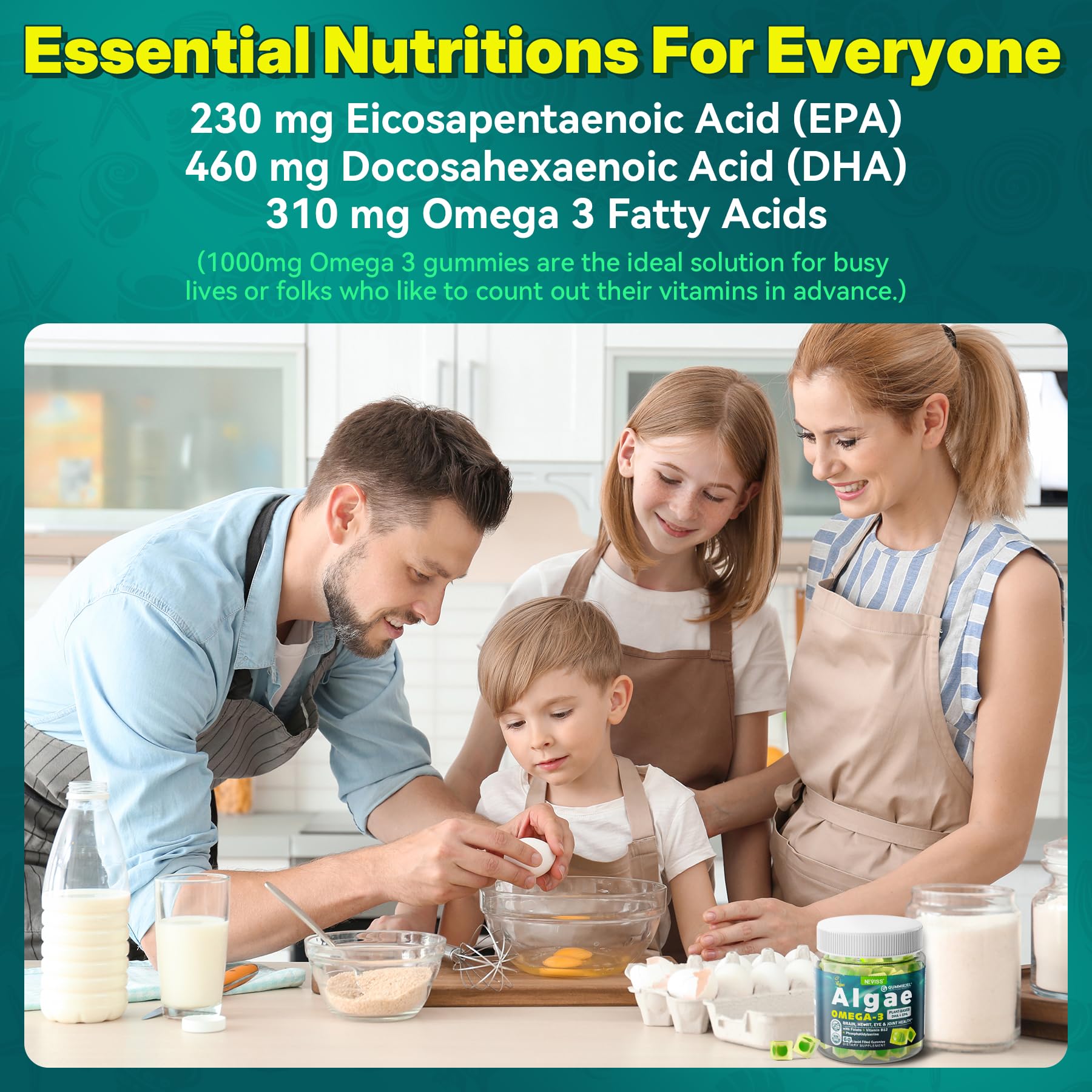 NEVISS Algae Omega-3 gummies packaging-visuals highlight 1000mg total omega-3 per pair.
