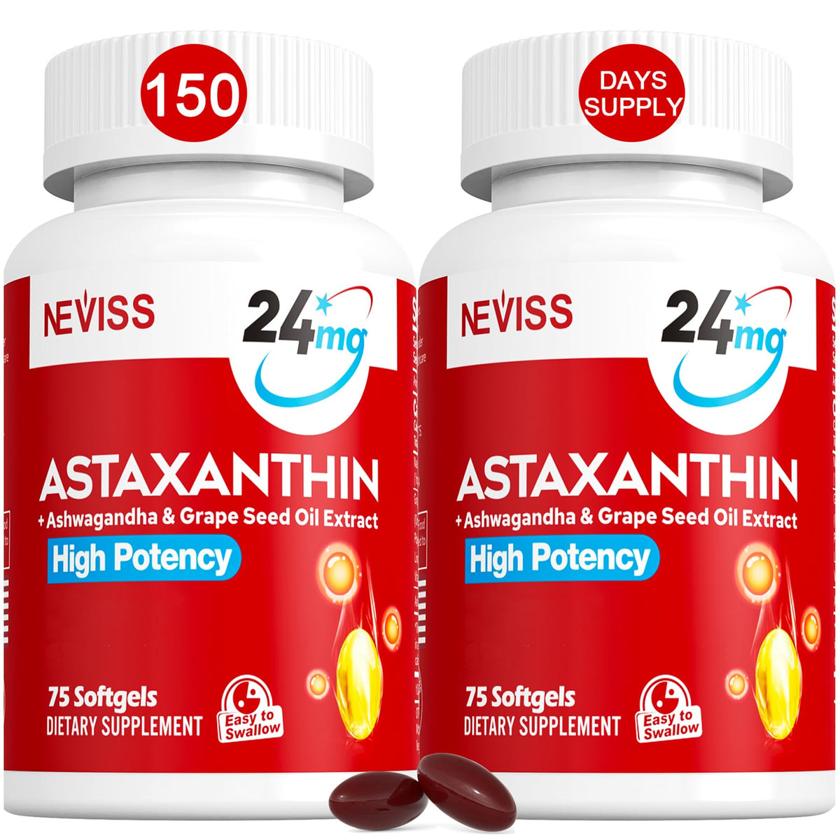 NEVISS astaxanthin softgels bottle view highlighting 24 mg potency for daily support.