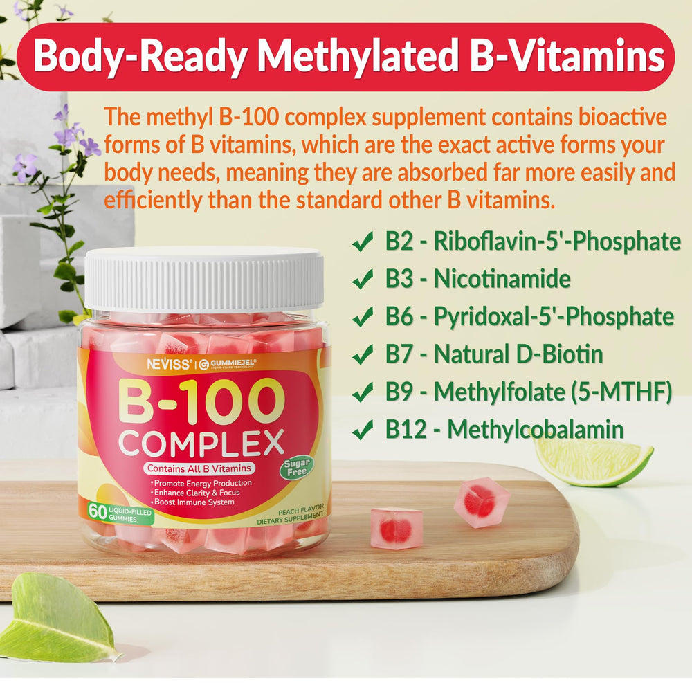 Label view shows ingredients and non GMO claim for NEVISS B complex.