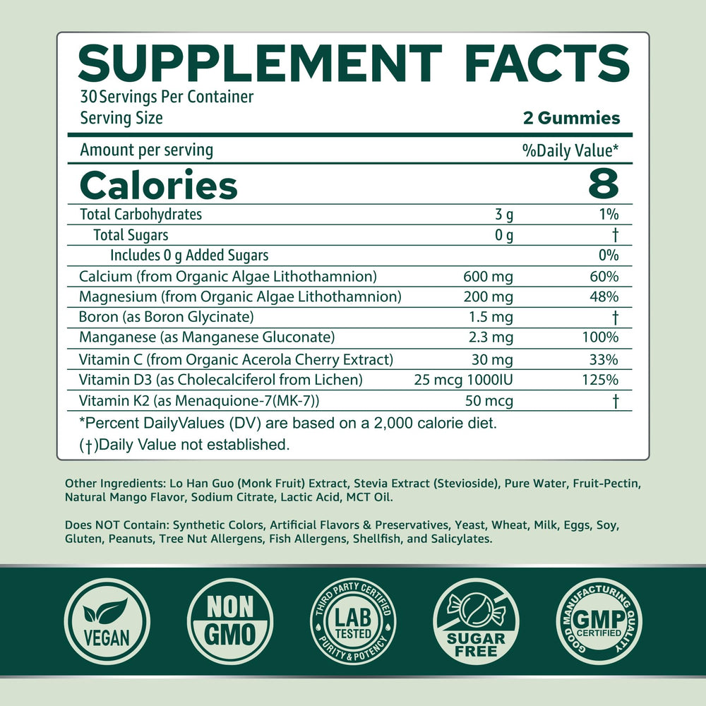 Close-up of NEVISS plant-based algae calcium gummies highlighting natural ingredients