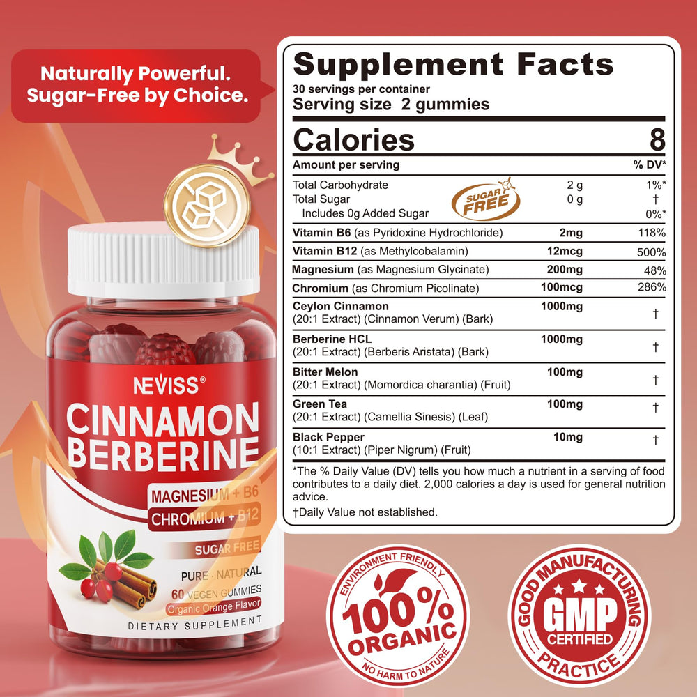 NEVISS Ceylon Cinnamon Berberine Gummies bottle shows convenient daily use with orange flavor.