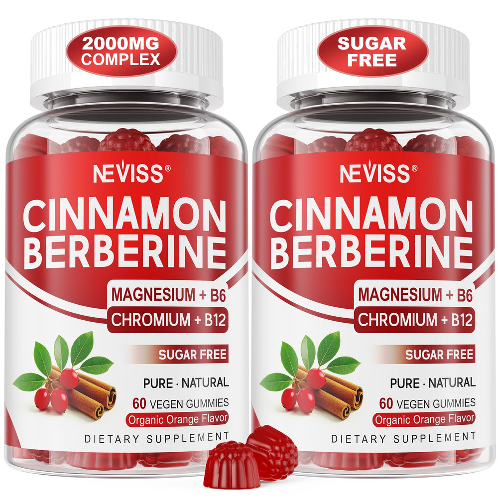 NEVISS Ceylon Cinnamon Berberine Gummies packaging highlights sugar-free formula.